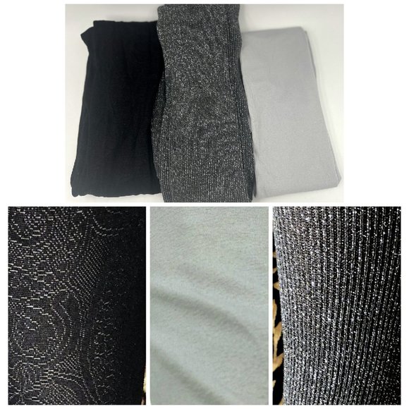 3 Pairs Womens Tights Black Fishnet Small Gray Opaque Metallic Footless Hose - Picture 1 of 9
